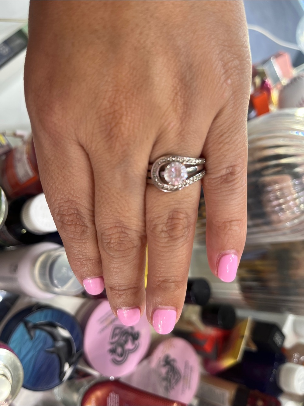 Sterling-Style Silver Ring with white Center Stone and Halo